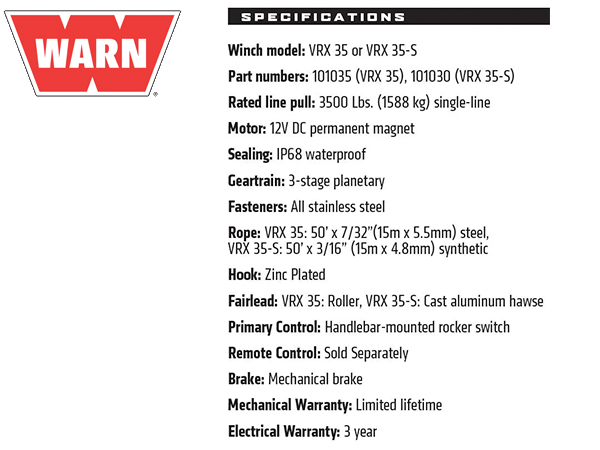 WARN VRX 35-S パワースポーツ ウインチ シンスティックロープ12V 牽引約1588kg 汎用 101030