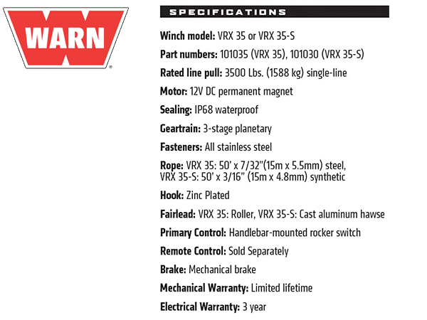 WARN VRX 35 パワースポーツ ウインチ ワイヤーロープ12V 牽引約1588kg 汎用 101035