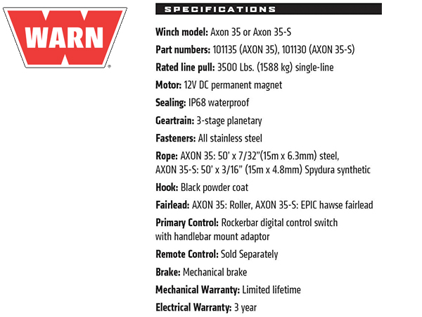 WARN AXON 35-S パワースポーツ ウインチ/POWERSPORT WINCH シンスティックロープ12V 牽引約1588kg 汎用 101130