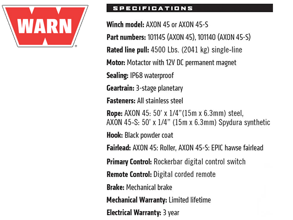 WARN AXON 45-S パワースポーツ ウインチ/POWERSPORT WINCH シンスティックロープ12V 牽引約2041kg 汎用 101140