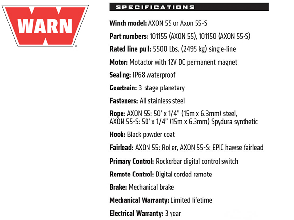 WARN AXON 55 パワースポーツ ウインチ/POWERSPORTS WINCH ワイヤーロープ12V 牽引約2495kg 汎用 101155